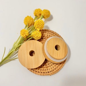 Tapa de bambú con orificio para pajilla/ Tapa de vidrio para lata de cerveza/ Tapa de bambú/ 70MM/ Tapa de café helado/ Tapa de madera/ Tapas de vidrio de 16 OZ y 20 OZ
