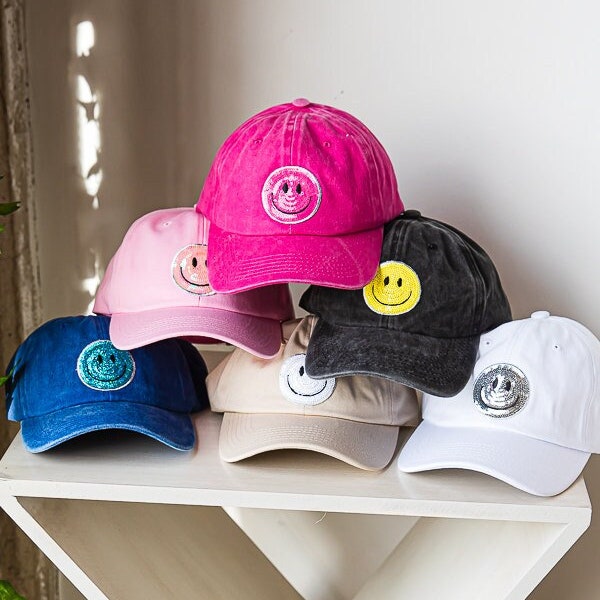 Baseball Cap with Sequin Happy Face Patch, Baseball Caps, Baseball Hats, Hats with Patch, Patches