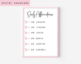 Daily Affirmations Print Digital Download | Positive Affirmations Print | Self Love Wall Art |  Daily Reminders Poster | Positivity Gift