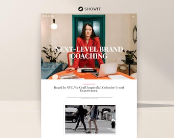 Può includere: Design del sito web con il testo "NEXT-LEVEL BRAND COACHING" e il logo Showit. L'immagine mostra una donna con una giacca rossa. Il sito web promuove un'agenzia di branding con sede a New York.