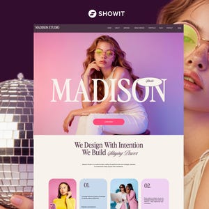 May include: A website interface for Madison Studio featuring a large hero image of a person with wavy hair wearing round yellow-tinted glasses. The layout includes the text Madison, navigation links, and sections titled We Design With Intention.