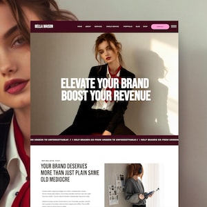 May include: A website interface for Bella Maison featuring a hero section with a person in a black blazer, white shirt, and red scarf. The text reads: ELEVATE YOUR BRAND BOOST YOUR REVENUE. Below, text states: YOUR BRAND DESERVES MORE THAN JUST PLAIN SAME OLD MEDIOCRE.