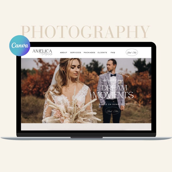 Photography Website Template Canva, Canva website template for photographers, Boho Theme. Canva website template business.