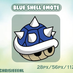 May include: A blue shell with white spikes and a white rim, resembling a video game character. The text "BLUE SHELL EMOTE" is above the shell, and "28PX/56PX/112PX" is below.