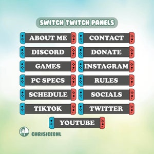 May include: A set of 10 Twitch panels with a Nintendo Switch theme. The panels are gray with white text and have a blue and red Joy-Con design on the sides. The panels include: About Me, Discord, Games, PC Specs, Schedule, TikTok, YouTube, Contact, Donate, Instagram, Rules, Socials, and Twitter.