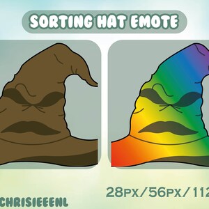 Op de afbeelding: Een cartoonillustratie van de Sorteerhoed uit de Harry Potter-serie. De hoed is bruin met een fronsend gezicht en wordt in twee versies getoond: een met een regenboogpatroon en een zonder.