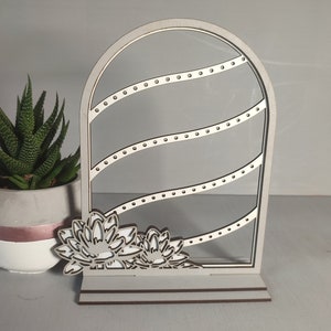 Dove Grey Waterlily Earring display stand, Handmade, Wooden, laser cut, jewellery display, stud and drop earring storage