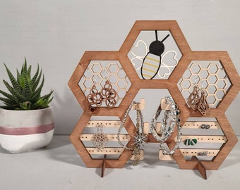 Présentoir à bijoux en nid d'abeille, fait main, en bois, découpé au laser, motif abeille, présentoir pour boucles d'oreilles