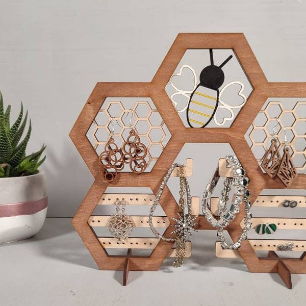 Bee honeycomb jewellery display stand, handmade, wooden, laser-cut, bee design, earring display