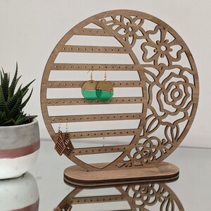Laser Cut Wooden Earring Display Stand: Rose Design, Stud & Drop Storage image 7