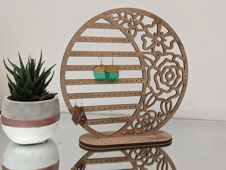 Laser Cut Wooden Earring Display Stand: Rose Design, Stud & Drop Storage image 7