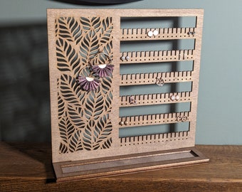 Walnut stained wood jewellery display stand with leaf detail and trinket tray, Handmade, laser-cut, stud, drop earring organiser