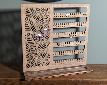 Walnut stained wood jewellery display stand with leaf detail and trinket tray, Handmade, laser-cut, stud, drop earring organiser