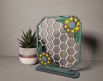 Blue Honeycomb Earring display stand, Handmade, laser cut, sunflower design, jewellery display