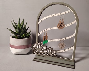 Green Waterlily Earring display stand, Handmade, Wooden, laser cut, jewellery display, stud and drop earring storage