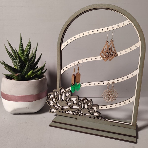 Green Waterlily Earring display stand, Handmade, Wooden, laser cut, jewellery display, stud and drop earring storage