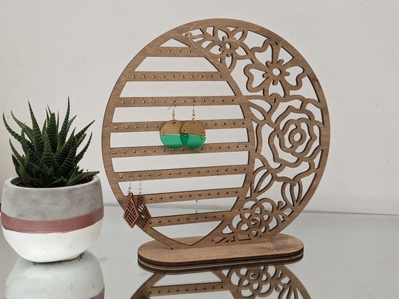 Laser Cut Wooden Earring Display Stand: Rose Design, Stud & Drop Storage