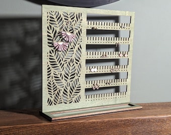 Green Wood Earring Display Stand, Leaf Design, Trinket Tray