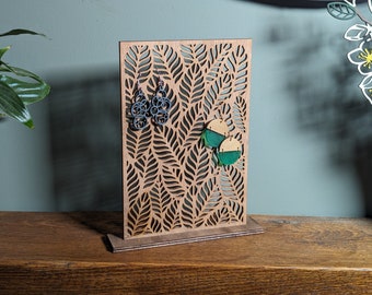 Soporte de exhibición para pendientes con forma de hoja cortada con láser, soporte de madera para joyas