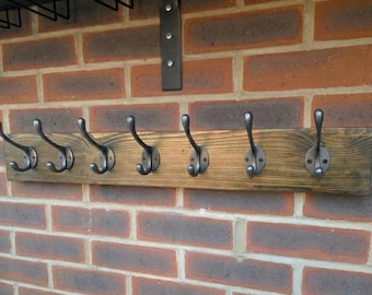 Reclaimed Scaffold Board Coat Rack, Rustic Cast Iron Hooks, Handmade Hallway Storage