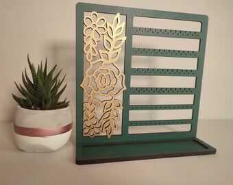 Emerald green and gold, rose jewellery display stand with trinket tray, Handmade, Wooden, laser cut, jewellery display, stud, drop earring,