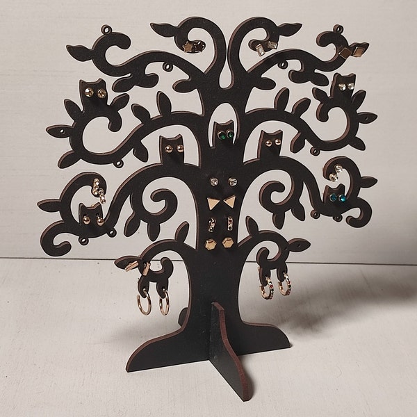 Owl tree earring display stand, handmade, wooden, laser cut, jewellery display, stud and drop earring storage