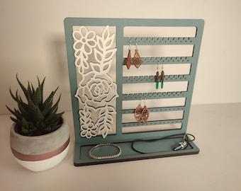 Dusky Blue and white, rose jewellery display stand with trinket tray, Handmade, Wooden, laser cut, jewellery display, stud, drop earring,