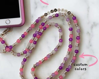 Handmade custom cross body phone lanyard, personalized name ID, hands-free badge strap accessory, extra long minimalist strap, glass beads