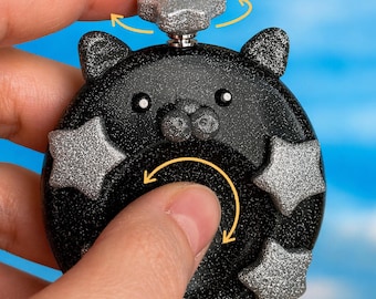 Celestial cat spinner worry stone, polymer clay glitter palm stone, cute kawaii quiet fidget keychain, pocket and desk buddy