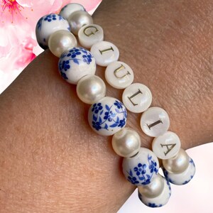 Chinoiserie blue white bracelet, ceramic bead jewelry, personalized pearl name bracelet, floral porcelain bracelet, custom stackable gift