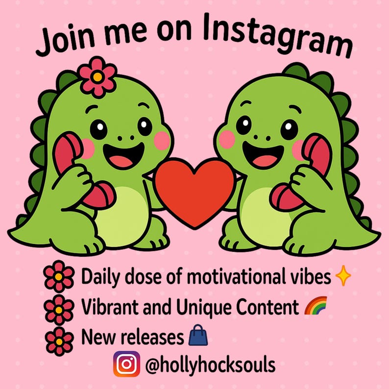 May include: A pink graphic with the text "Join me on Instagram." Two green cartoon dinosaurs hold red phones and a red heart. The image also includes the text "Daily dose of motivational vibes," "Vibrant and Unique Content," and "New releases."