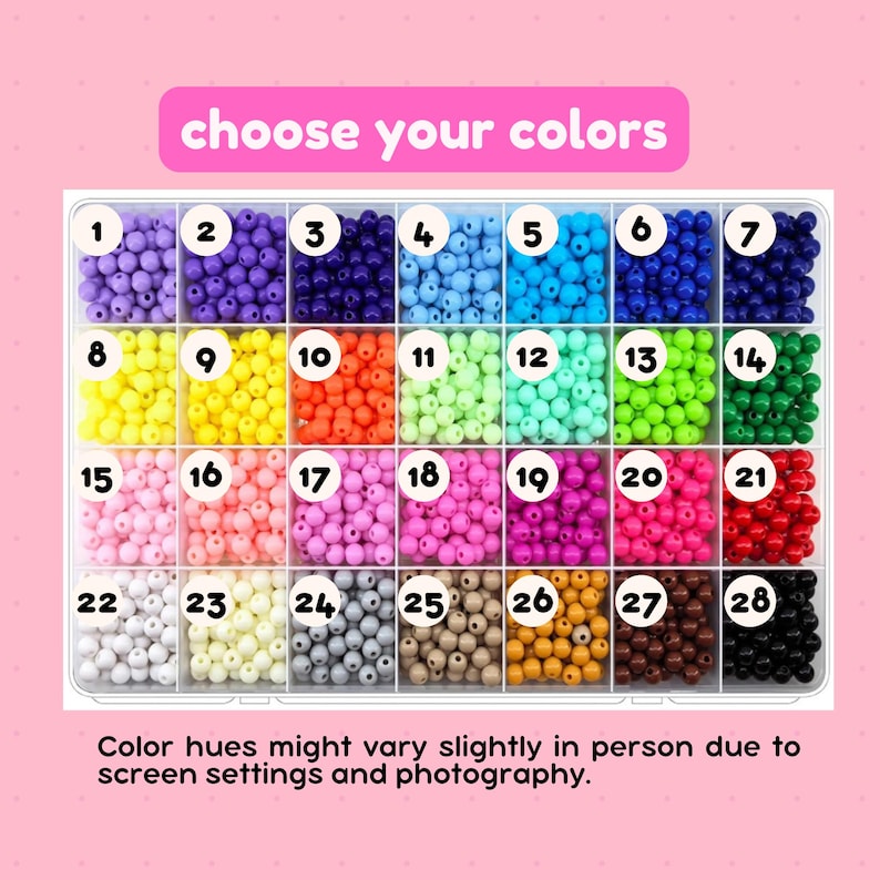 May include: A rectangular plastic organizer box containing twenty-eight compartments filled with small round beads in various solid colors. Each compartment is labeled with a white circular number tag from 1 to 28. Text reads choose your colors.