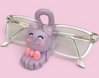 Cat eyeglasses holder, handmade eyewear stand, sunglass display for readers, teachers, desk buddy decor, nightstand organizer