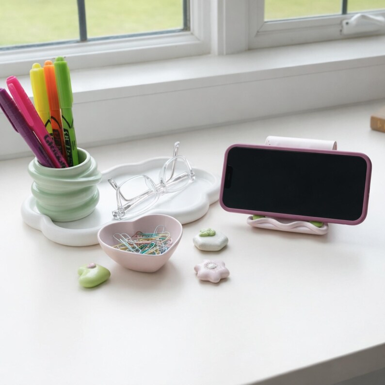 May include: A collection of desk accessories, including a phone stand, pen holder, and small dishes. The phone stand and pen holder are light pink and green. The accessories are arranged on a white surface near a window.