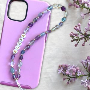 Custom name gemstone strap, natural Morganite or Fluorite beaded wristlet for phone, tablet, camera, e‑reader, page turner charm