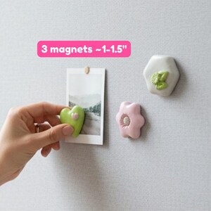 May include: Three decorative magnets, approximately 1-1.5 inches in size, in the shape of a heart, flower, and hexagon. The heart magnet is green with a pink accent, the flower is pink, and the hexagon is white with green accents. The magnets are displayed on a white surface.