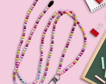 Teacher walkie talkie strap, custom beaded crossbody phone lanyard, personalized ID badge holder, long phone leash, extra long keys lanyard
