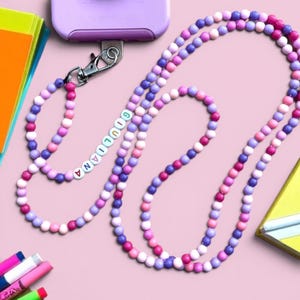 Handmade custom cross body phone beaded lanyard for personalized gift with name, phone charm lanyard, ID badge accessory, extra long strap