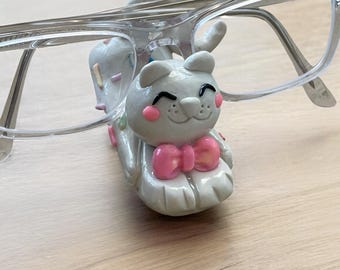 Cat eyeglasses holder, handmade eyewear stand, sunglass display for readers, teachers, desk buddy decor, nightstand organizer