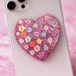 Custom resin phone holder topper, handmade phone/tablet grip accessory, personalized name, beaded phone charm
