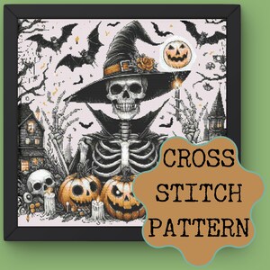 Halloween Skeleton Cross Stitch Pattern, Witch Skeleton PDF, Spooky Pumpkin Embroidery, Gothic Halloween Digital Design, Skeleton XStitch