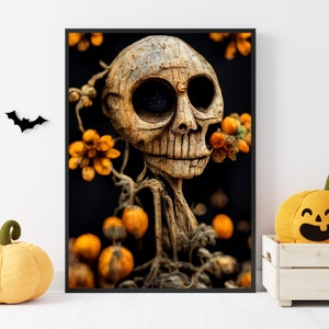 Wooden Skeleton Art, Skeleton with Pumpkin Printable Art, Halloween Digital Download, Halloween Prints, Skeleton Portrait, Cinematic Effect