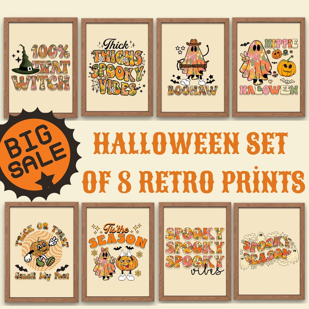 BIG SALE Retro Halloween Wall Art Set of 8, Halloween Prints, Spooky