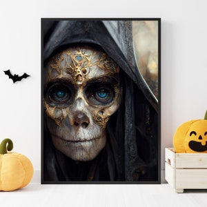 Anthropomorphic Majestic Wooden Skeleton, Halloween Prints, Big Blue Eyes, Skeleton Portrait, Finely Detailed Armor, Cinematic Effect