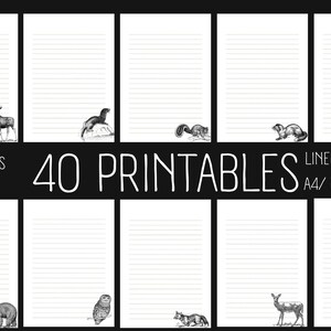 Pacote de escrita de cartas de animais desenhados à mão, tamanhos de letras A4/8,5x11, papel de carta digital, papel para impressão, papel forrado/sem forro, papel para escrever