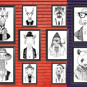 Set de 10 Black & White Animal Portrait Printable Set, Funny Animal Wall Art Print, Printable Art Decor, Monochrome Animal Poster