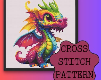 かわいいレインボードラゴンのクロスステッチ、すぐにダウンロードできる PDF パターン、クロスステッチチャート、刺繍パターン、動物のクロスステッチ