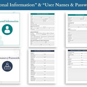 Pu&ograve; includere: Un documento PDF stampabile con sei pagine per organizzare le informazioni personali. Le pagine includono sezioni per informazioni personali, informazioni sugli animali domestici, informazioni sul veterinario, registro di accesso al telefono cellulare e numeri e combinazioni importanti.