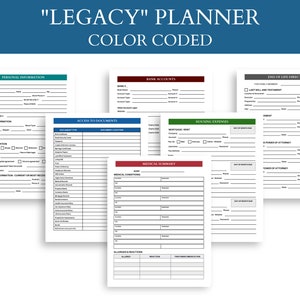 Pu&ograve; includere: Un planner "Legacy" stampabile con sezioni codificate a colori per informazioni personali, conti bancari, accesso ai documenti, spese di alloggio, riepilogo medico e direttive di fine vita.
