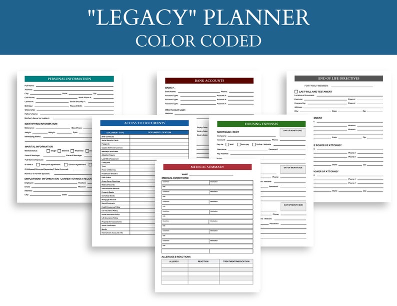 Pu&ograve; includere: Un planner "Legacy" stampabile con sezioni codificate a colori per informazioni personali, conti bancari, accesso ai documenti, spese di alloggio, riepilogo medico e direttive di fine vita.
